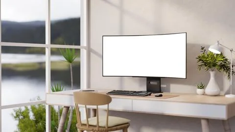 Blank curve screen computer with vase and reading lamp on table with wooden.. Stock Illustration