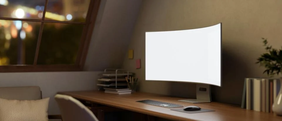 Blank curved screen computer and stationary on wooden table in attic living.. Stock Illustration