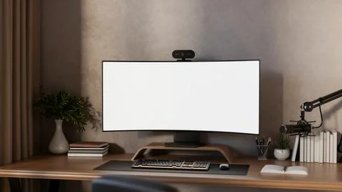 Blank curved screen computer with camera and microphone on wooden table in .. Stock Illustration