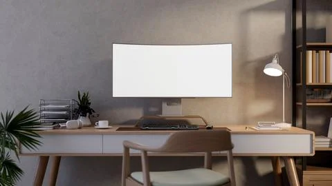 Blank curved screen computer on wood table and chair with metal bookshelf i.. 스톡 일러스트