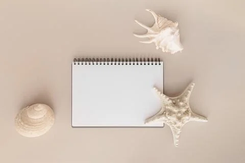 Blank diary, notepad mockup and three shells on beige background Stock Photos