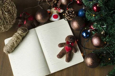 Blank diary sheet copy space for text. New Year 2022, Christmas flat lay Stock Photos