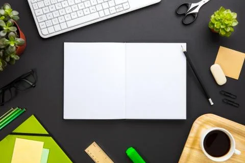 Blank Documents Surrounded By Office Supplies On Gray Desk Stock Photos
