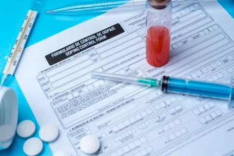 Blank doping control, syringe and blood close-up. Stock Photos