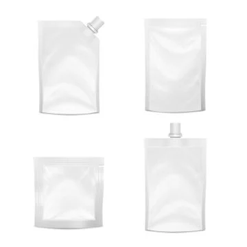 Blank Doypack Set Vector. Realistic White Doy-pack Food Or Drink Flexible Pouch Stock Illustration