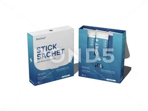 Blank Drink Sachet Mockup with Box Packaging Mockup 3D Rendering PSD Template