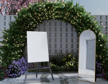 Blank easel and arched mirror in a garden setting Stock Illustration