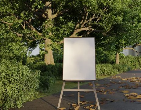 Blank easel in a park setting.  Empty white board outdoors, surrounded by t.. Stock Illustration