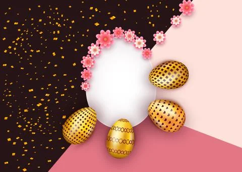 Blank Easter greeting card template design with decorated golden eggs, confetti Stock Illustration
