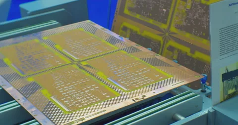 The blank electronic circuit board moves along the conveyor. close-up Video stock 181430301