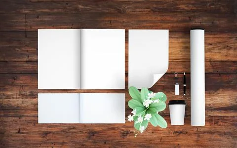 Blank elements mockup top view wood background Stock Illustration