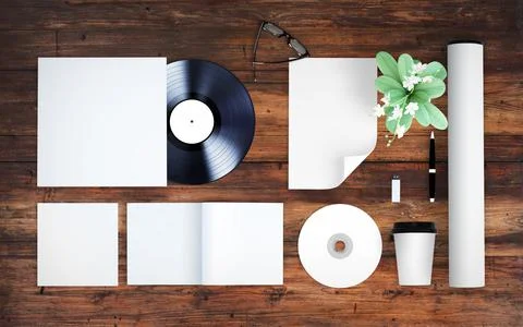 Blank elements mockup top view wooden background Stock Illustration