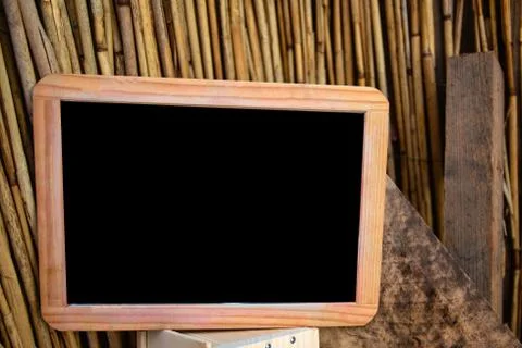 Blank empty Chalk board or black board with wooden background texture, modern Stock Photos