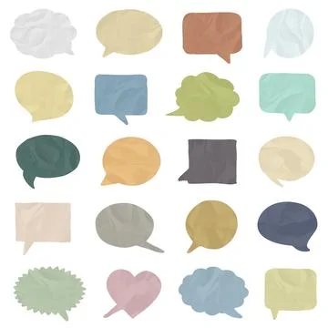 Blank empty crumpled paper speech bubbles isolated on white background Stock Illustration