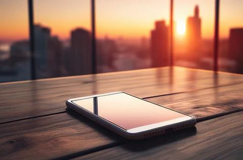 Blank empty mobile phone screen on wooden tabel over window with sunset and.. 库存照片