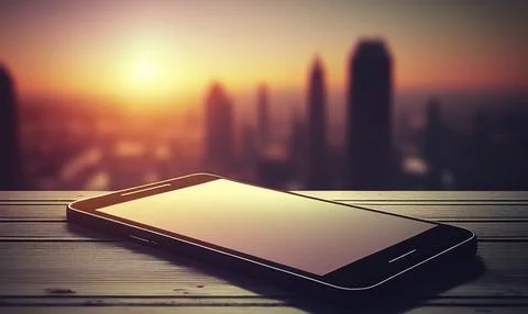 Blank empty mobile phone screen on wooden tabel over sunset and skyscaper c.. 库存照片