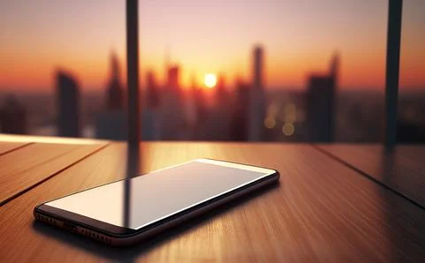 Blank empty mobile phone screen on wooden tabel over sunset and skyscaper c.. 库存照片