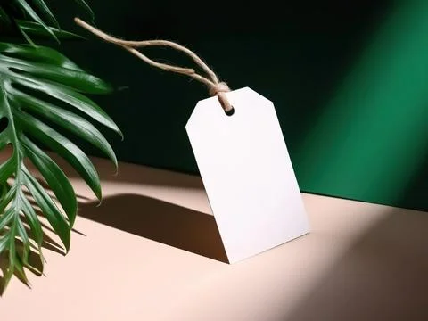 Blank empty mockup of tag label on green plant for branding natural organic.. 写真素材