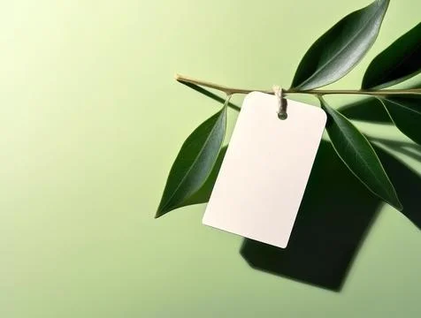 Blank empty mockup of tag label on green plant for branding natural organic.. 스톡 사진