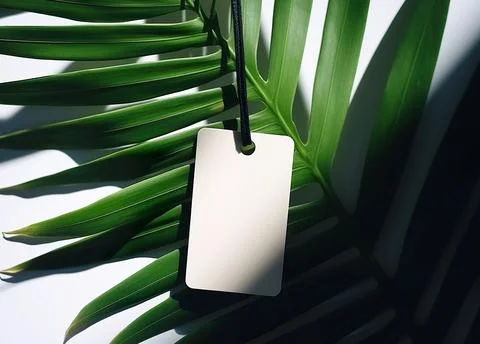 Blank empty mockup of tag label on green plant for branding natural organic.. 写真素材