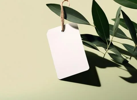 Blank empty mockup of tag label on green plant for branding natural organic.. 库存照片