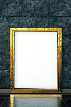 Blank empty modern frame with gold edge inside room interior wall background Stock Photos
