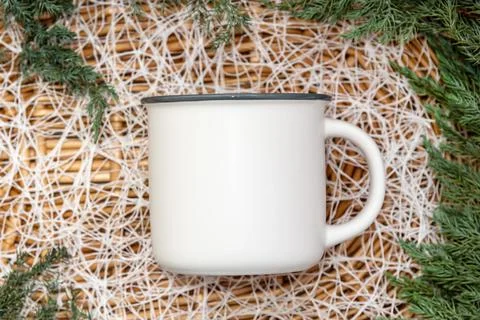 Blank empty mug on white christmas background Stock Photos