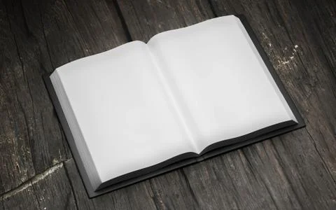 Blank empty opened book on dark wood underground 3d render illustration Stock Illustration