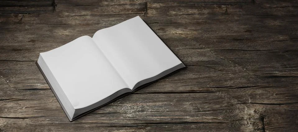 Blank empty opened book on dark wood underground 3d render illustration Stock Illustration