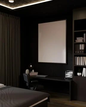 A blank empty picture frame mockup on a black wall in a modern black bedroom. Stock Illustration