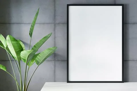 Blank empty picture frame mockup on gray cement wall. Stock Photos
