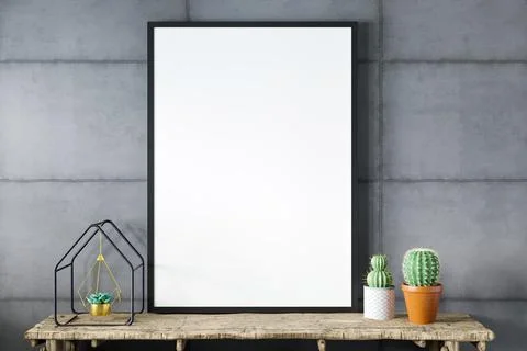 Blank empty picture frame mockup on gray cement wall. Stock Photos