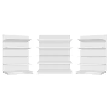 Blank empty showcase display with retail shelves. Vector mock Stock Illustration