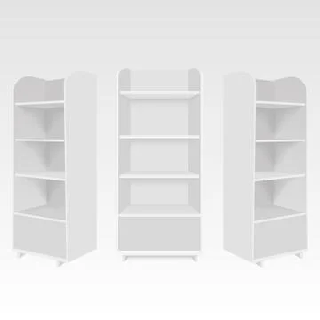 Blank empty showcase display with retail shelves. Vector mock up Stock Illustration