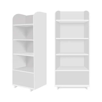 Blank empty showcase display with retail shelves. Vector mock up Illustrazione stock