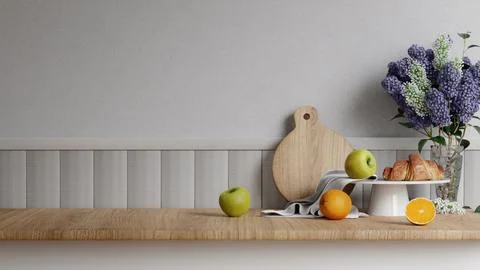 Blank empty space on beautiful wood. wooden counter top with croissant, fruit Stock Illustration