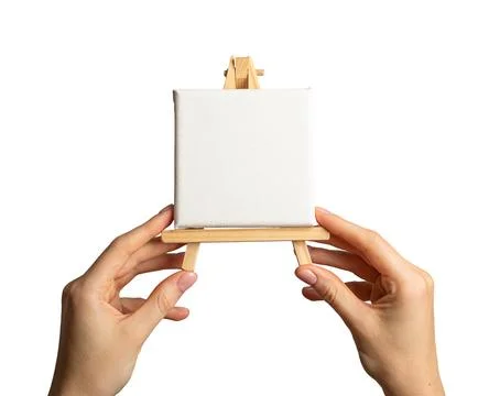 Blank empty white canvas mock up on wooden easel, isolated on white Stock Photos