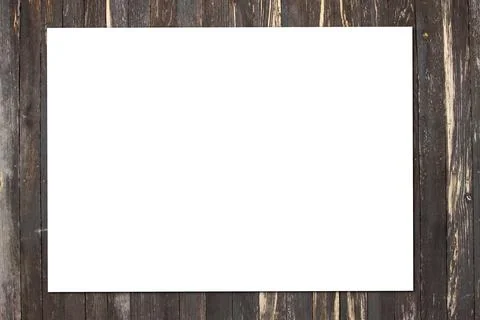 Blank empty white frame mockup rectangular size on brown wooden wall for arts Stock Photos