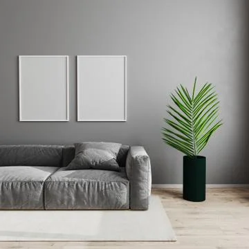 Blank empty white poster frame in modern living room interior background, sca Stock Illustration