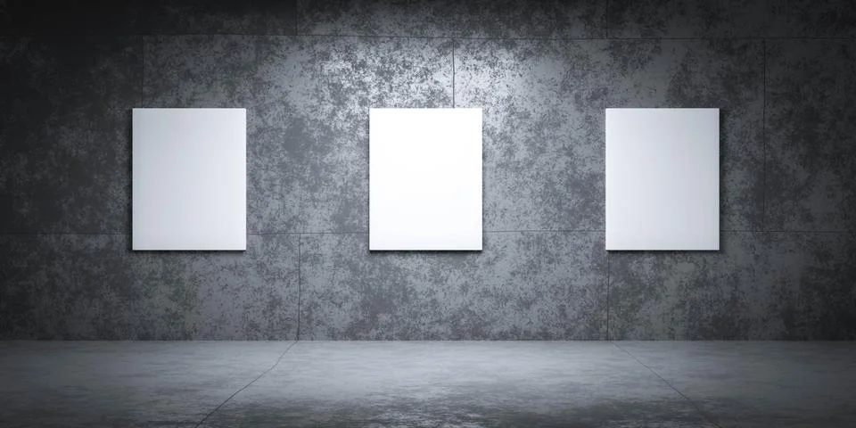 Blank empty white posters on concrete walls in empty hall subway tunnel 3d Stock Illustration