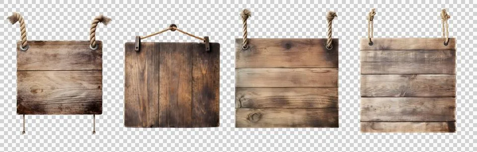 Blank empty wooden rustic board wood on hanging rope on transparent PNG Stock Illustration