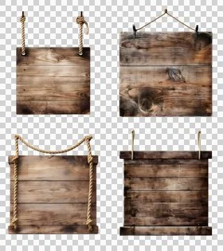 Blank empty wooden rustic board wood on hanging rope, PNG Stock Illustration