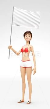 Blank Flag or Banner Mockup - Smiling, Happy and Proud 3D Bikini Character Stock Illustration