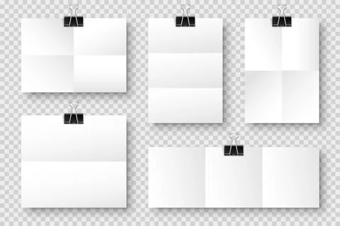 Blank folded paper sheets with binder clips. White notebook or book page and Stock Illustration