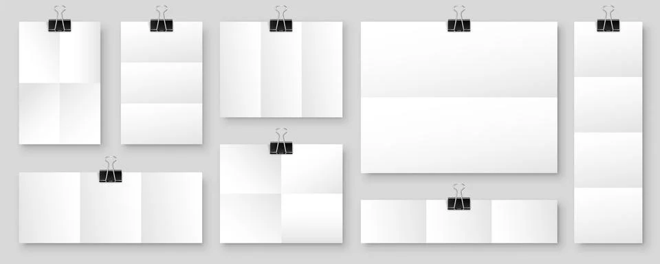 Blank folded paper sheets with binder clips. White notebook or book page and Illustrazione stock