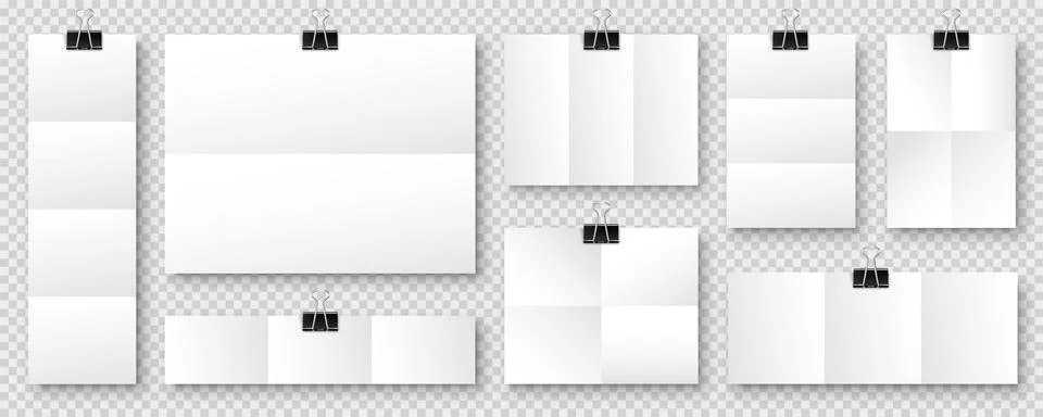 Blank folded paper sheets with binder clips. White notebook or book page and Stock Illustration