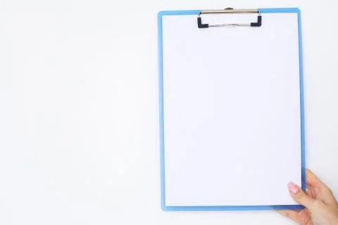 Blank Folder with White Paper. Hand that Holding Folder and Handle on White Stock Photos