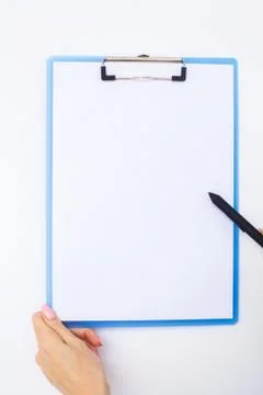 Blank Folder with White Paper. Hand that Holding Folder and Handle on White Stock Photos