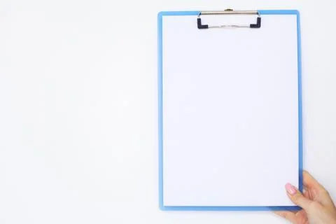 Blank Folder with White Paper. Hand that Holding Folder and Handle on White Stock Photos