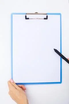 Blank Folder with White Paper. Hand that Holding Folder and Handle on White Stock Photos
